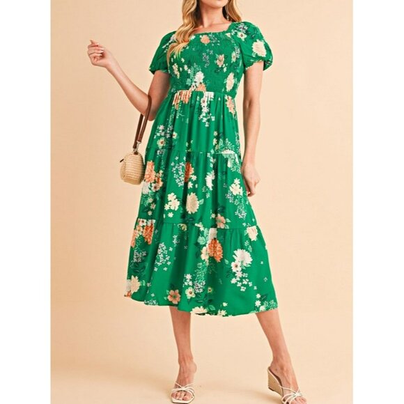 Green Floral Smocked Puff Sleeve Midi Dress For Women - Picture 6 of 12